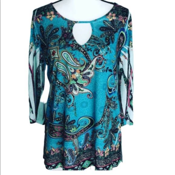 B.L.E.U. Tops - B.L.E.U. TOP KEYHOLE NECK PAISLEY EMBELLISHED BLUE